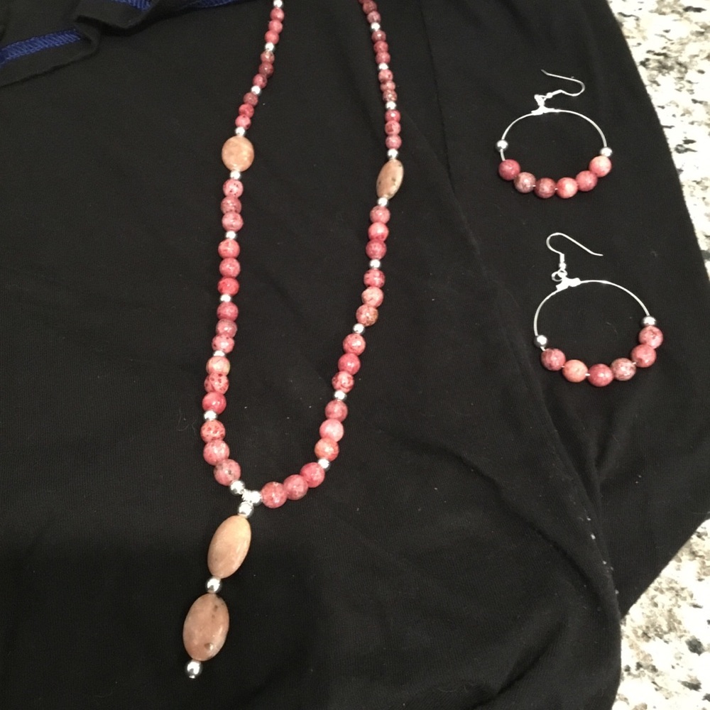 Pink lepidolite necklace and earring set